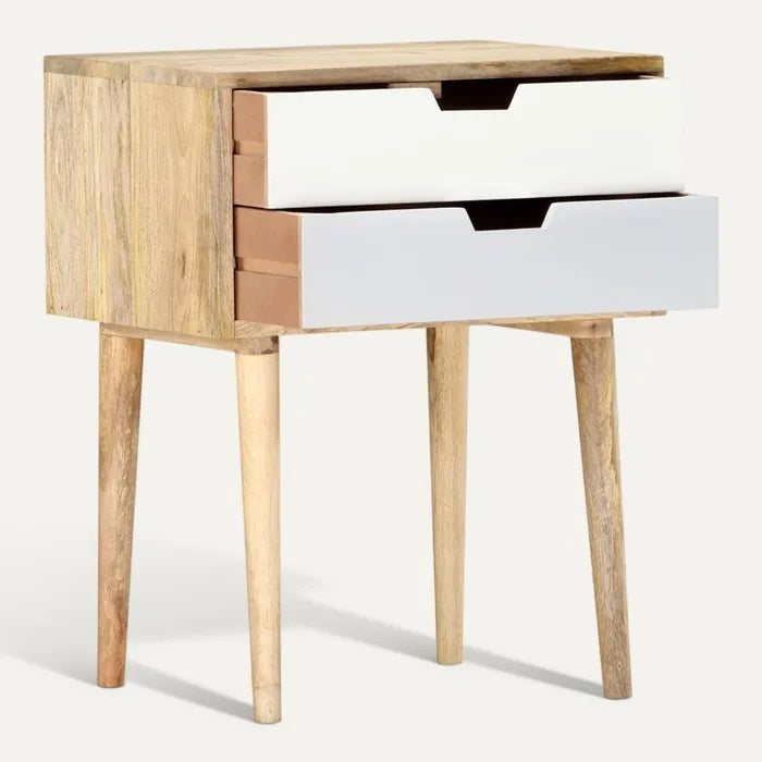 **Technische titel in het Nederlands: Moderne nachtkast met twee lade in houtlook**