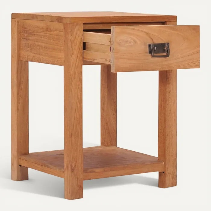 **Technische titel in het Nederlands: Houten nachtkastje met lade en onderste plank**